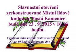 Pozvánka - Slavnostní otevření zrekonstruované Místní lidové knihovny v Pusté Kamenici - foto č. 1