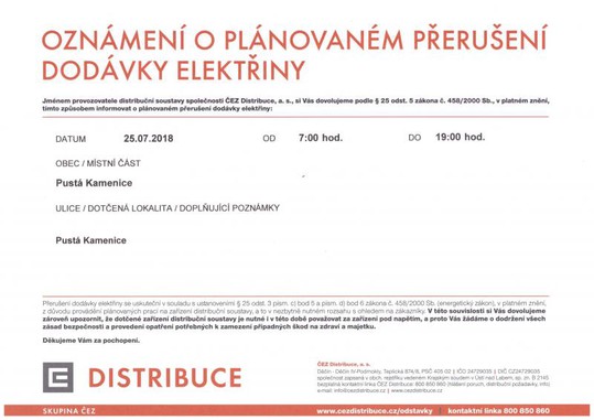 Přerušení dodávky elektřiny 25. a 26. 7.
