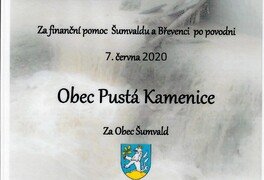Poděkování obci Pustá Kamenice za finanční pomoc Šumvaldu a Břevenci po povodni 7.6.2020 - foto č. 1